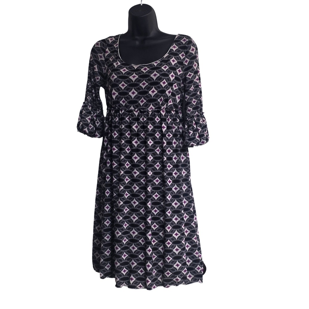Max Edition Womens Purple Black Geometric Empire Waist Bell Sleeve Dress M